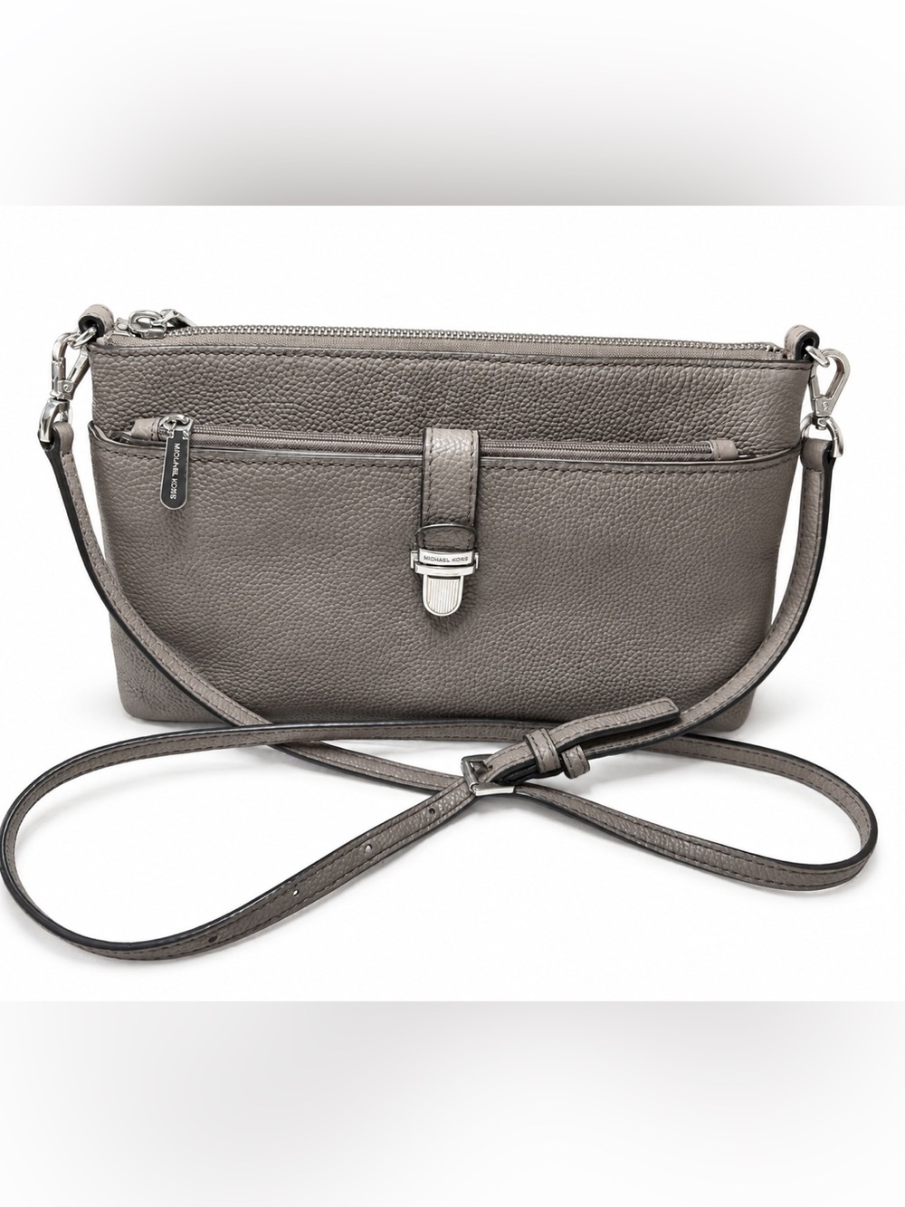 Michael Kors Gray Pebbled Leather Crossbody Bag Removable Pouch Silver
